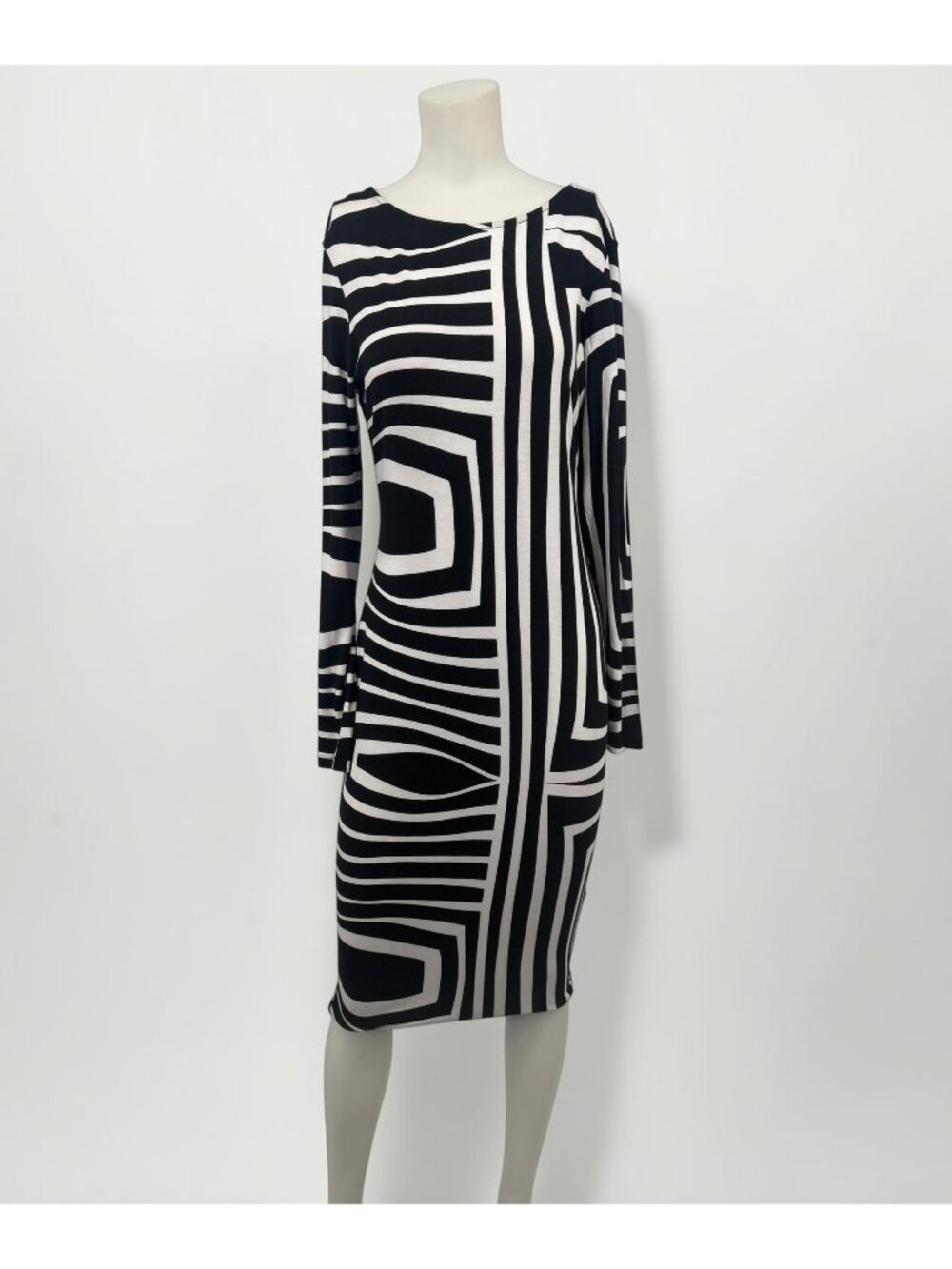 Black & White Geometric Long-Sleeve Midi Dress With Deep Scoop Back By ASOS Size